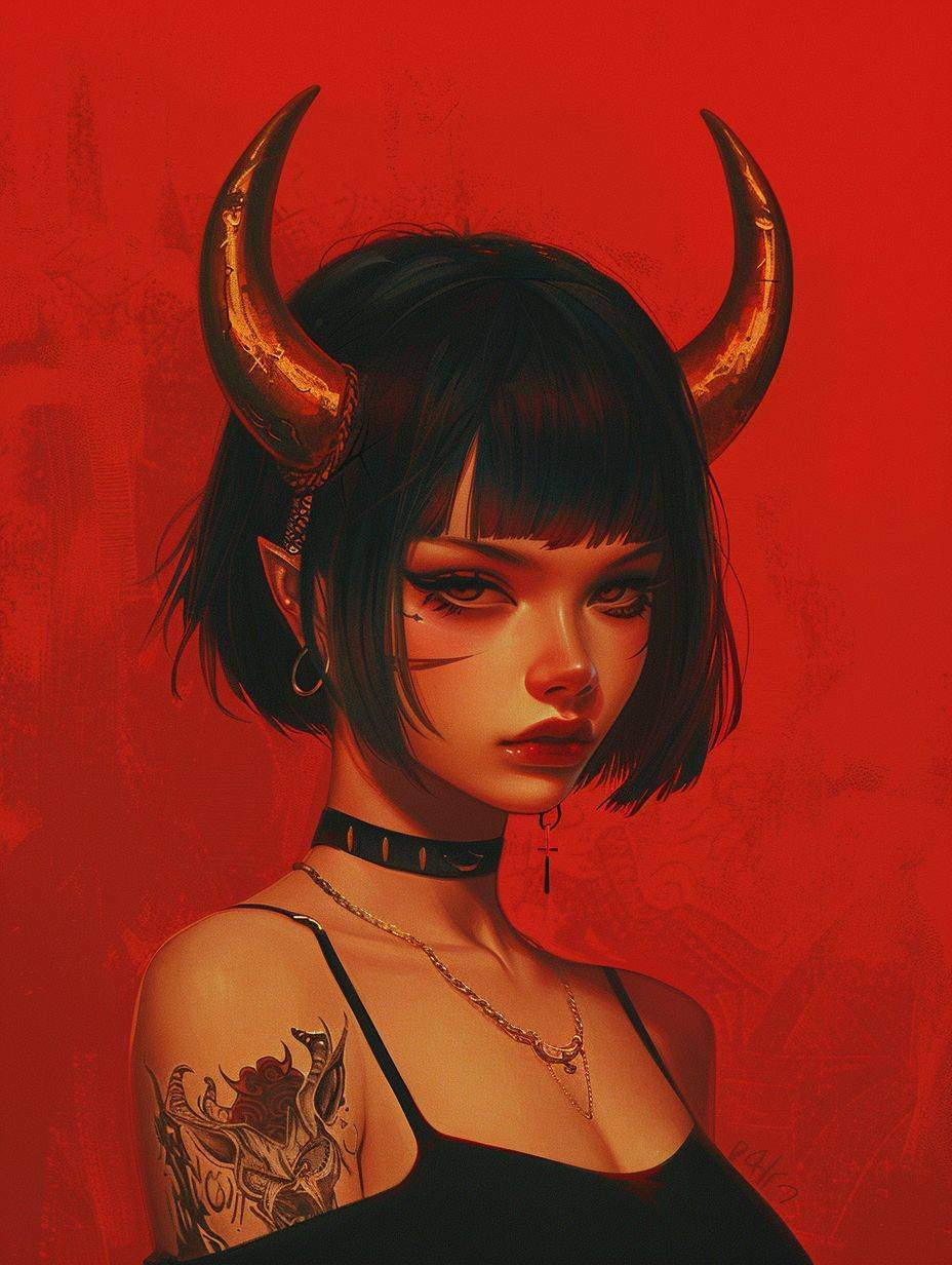 A girl with short hair and bangs with tattoos on her neck is wearing golden horns on her head against a red background, wearing black with high detail in the style of digital art, digital illustration, fantasy realism, fantasy concept art, full body portrait with a dark atmosphere, character design, character concept art in the style of anime-inspired character design, Asian aesthetics, Japanese manga, cyberpunk, 2D game art, concept art.