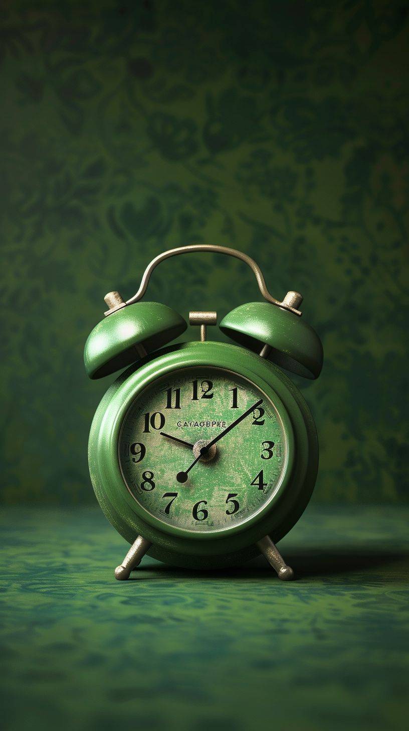 緑色のアナログ時計、正面ビュー、緑の背景、詳細表示、4k