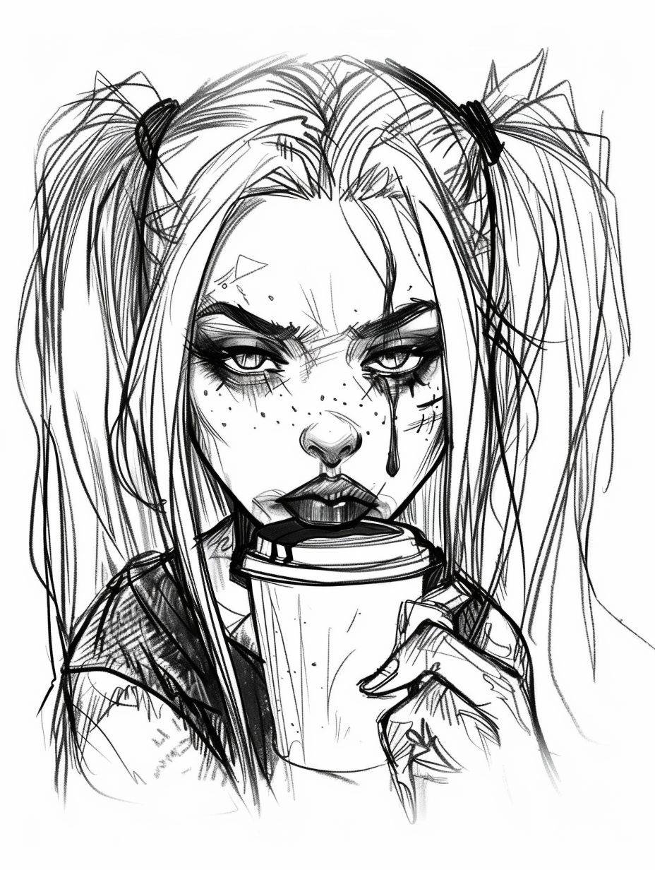 Harley Quinn with a grumpy expression sipping decaf coffee, a simple ink drawing in the style of a cartoon, on a white background with high contrast