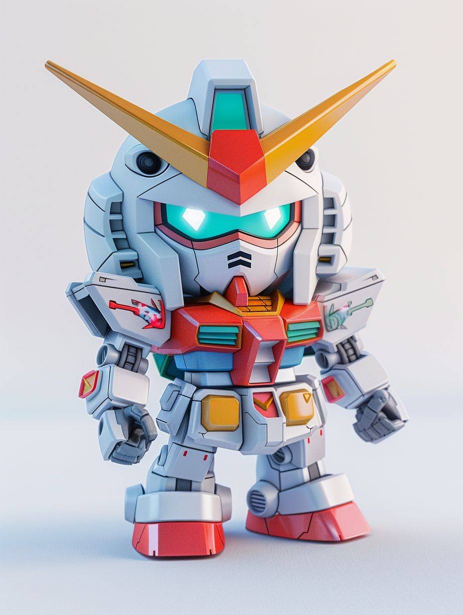 A cute chibi Gundam toy made of plastic material, white background, C4D rendering, kawaii, cute expression design, bright colors, soft lighting effects, a 3D icon clay, blender