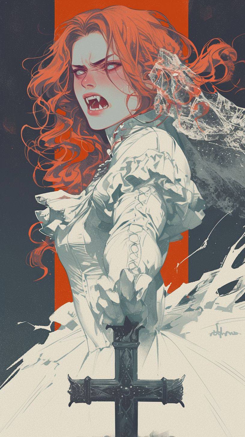 A beautiful illustration of the redhead vampire Lucy Westenra wearing a white wedding dress with bridal ruffle, there is a cross in front of her and she is aggressively baring her fangs looking at it, detailed character design in the style of Abigail Larson, black and white ink drawing, watercolor, horror academia, white on a dark grey background, line art