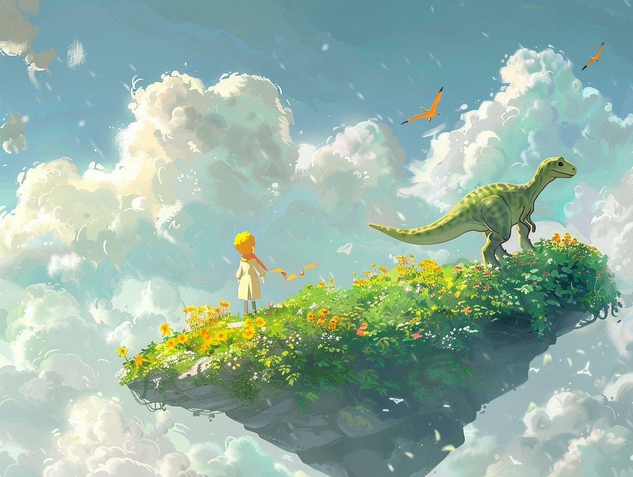 In a vast, boundless sky, dotted with soft, pastel-colored clouds, two islands float. On one island, lush with greenery and vibrant flowers, stands the Little Prince, his iconic scarf fluttering in the gentle breeze. His expression is one of wonder and curiosity as he looks across to the neighboring floating island. This island is rocky and sparse, with a few hardy plants clinging to its surface. Here, a majestic dinosaur, gentle and wise in its demeanor, gazes back at the Little Prince. The space between them is filled with a soft glow, hinting at the magical connection they share. This scene is surreal, blending the essence of Antoine de Saint-Exupéry's timeless story with the awe-inspiring majesty of prehistoric creatures, all suspended in a dreamlike sky.