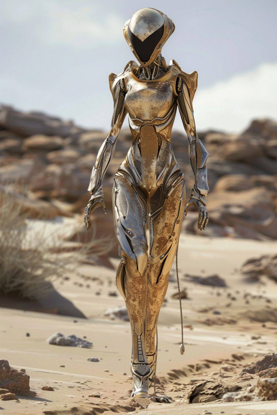 Alien creature in desert art HD, in the style of futuristic glamour, dark beige and gold, low depth of field, solarpunk, surrealistic poses, expansive skies, captivating ::1 , an alien woman walking in the desert, in the style of elaborate spacecrafts, highly detailed figures, depth of field, craola, light bronze and gold, , realistic figures ::1