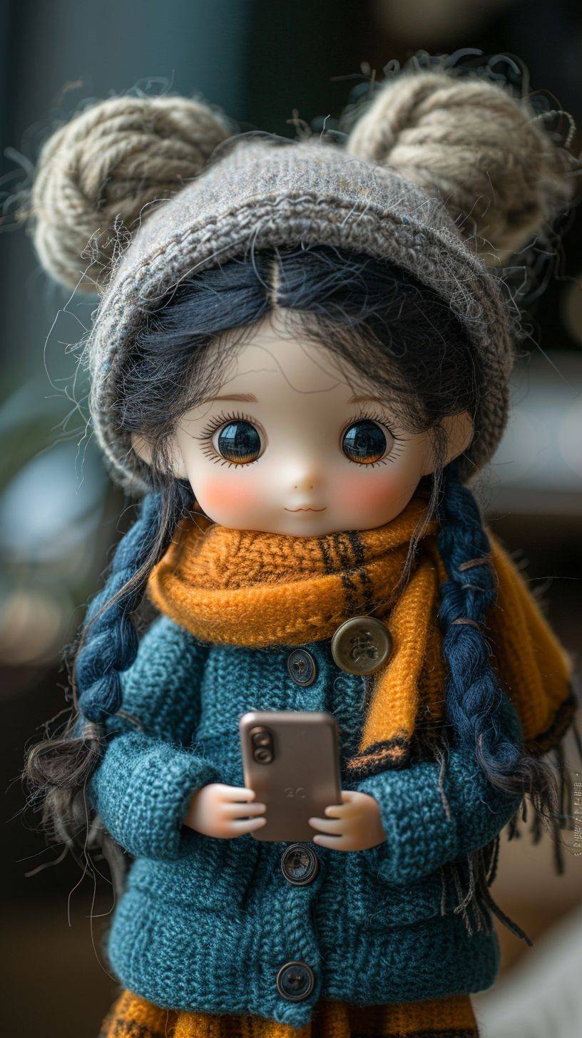 羊毛フェルト質感の中国の少女、かわいい少女、ブラインドボックスのおもちゃ、チビ外観、羊毛フェルト製。中国の少女はフロントビューで立っており、超かわいい魅力を放っています。彼女は両手で電話を持っており、かわいい表情をしています。画像にはテキストが含まれていないため、柔らかい色合い、穏やかな照明、超クリアな画質が特徴です。
