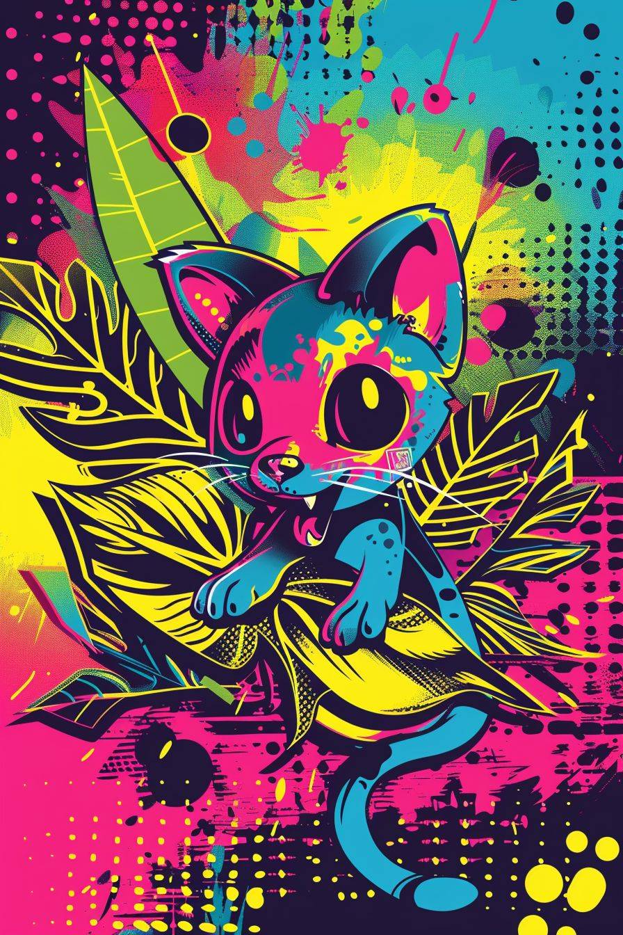 A modern and refreshing pop art vector illustration. Elements to Include are a joyful cute cartoon Phascolarctos cinereus, graffiti, leaf Vibrant colors - aspect ratio 2:3