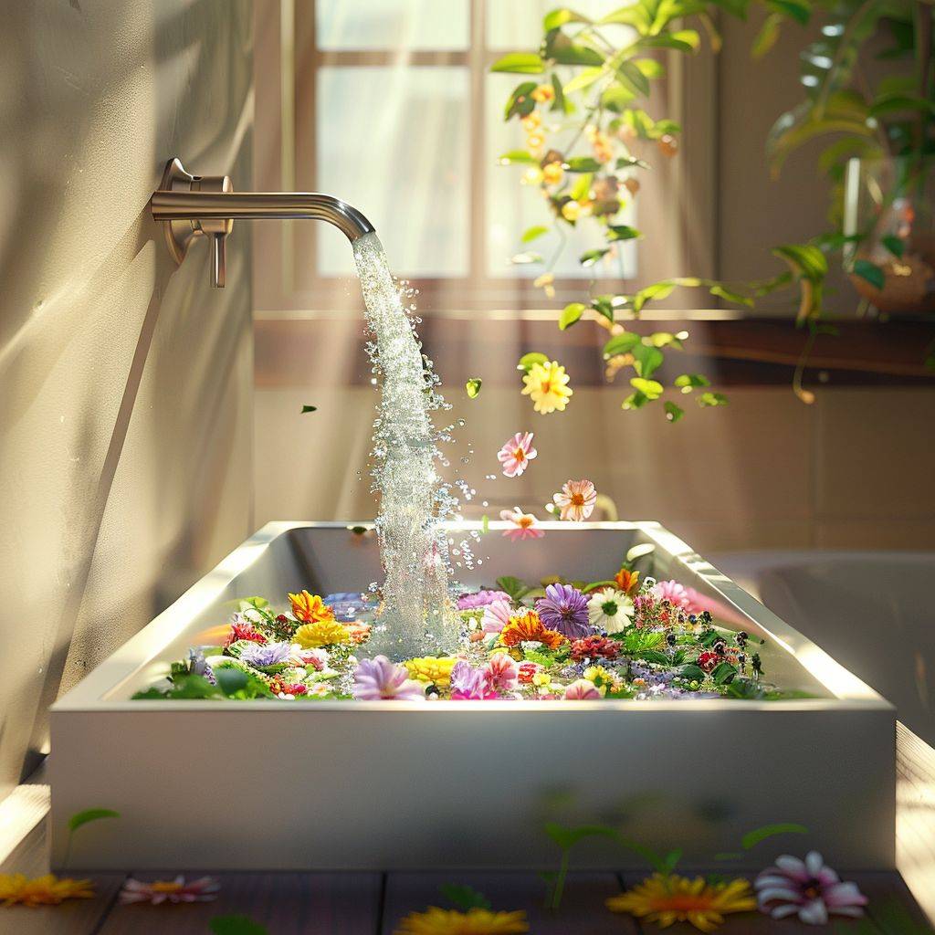 In a luxury minimal cozy Italian bathroom, an aluminum sink sits elegantly. From the faucet, a gentle stream of micro spring flowers cascades, filling the sink with vibrant colors. As the sink overflows, these tiny blossoms spill onto the floor, creating a carpet of nature's beauty. The sunlight streams through a nearby window, casting a warm glow and highlighting the intricate details of the flowers and the vintage charm of the bathroom. The composition is balanced and adheres to the rules of photography, ensuring the entire scene is captured with clarity and without any text, making it perfect for Instagram with its high resolution and realistic detailing.