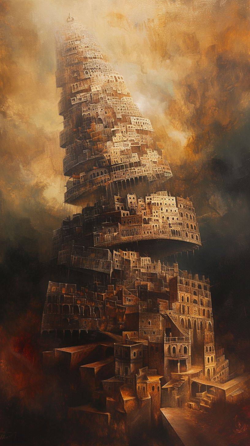 Tower of Babel, in the style of terraced cityscapes, flowing surrealism, Slovenian paintings, orange, rustic renaissance realism, Anatoly Metlan, high contrast compositions