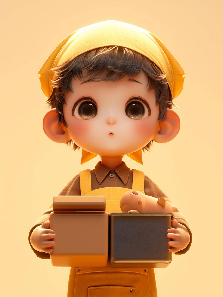 A cute 6 year old boy, brown clothes, yellow apron, yellow headband, four kinds of but tong, blind box style, looking at camera, pop market, octagonal rendering, super detailed edge lighting, chibi, black hair, C4D, shading, best quality, 16k, hd, white background
