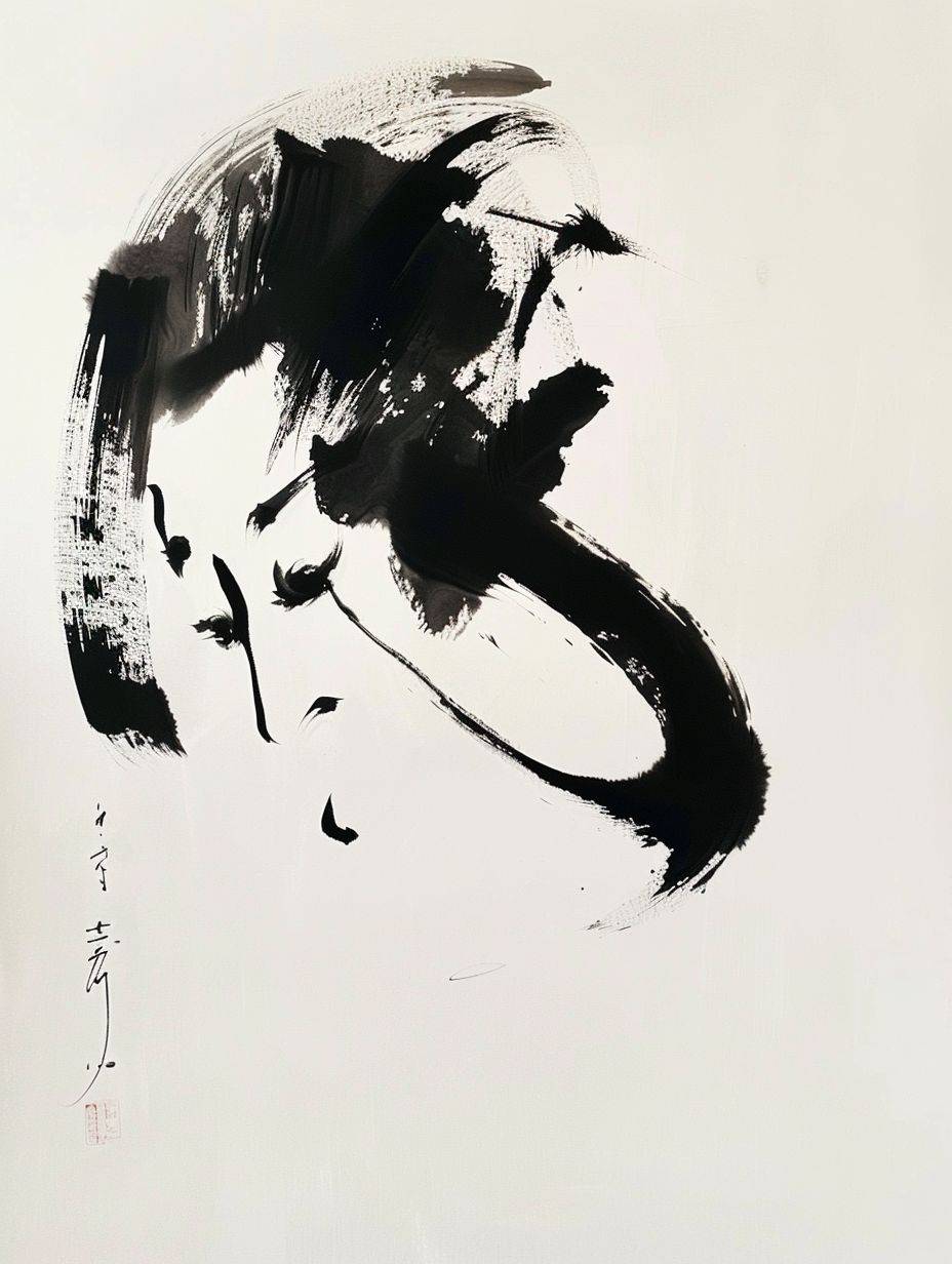 A stunning Sumi-e painting in the expressive Chinese calligraphy style, depicting an abstract, minimalistic yet sensual portrait of a woman in a three-quarter pose. The brushstrokes are fluid and graceful, creating a sense of elegance and simplicity. The background is a subtle, natural pale shade that complements the strong black ink lines. The overall atmosphere of the piece is serene and calming, reflecting the harmony of traditional Japanese art.
