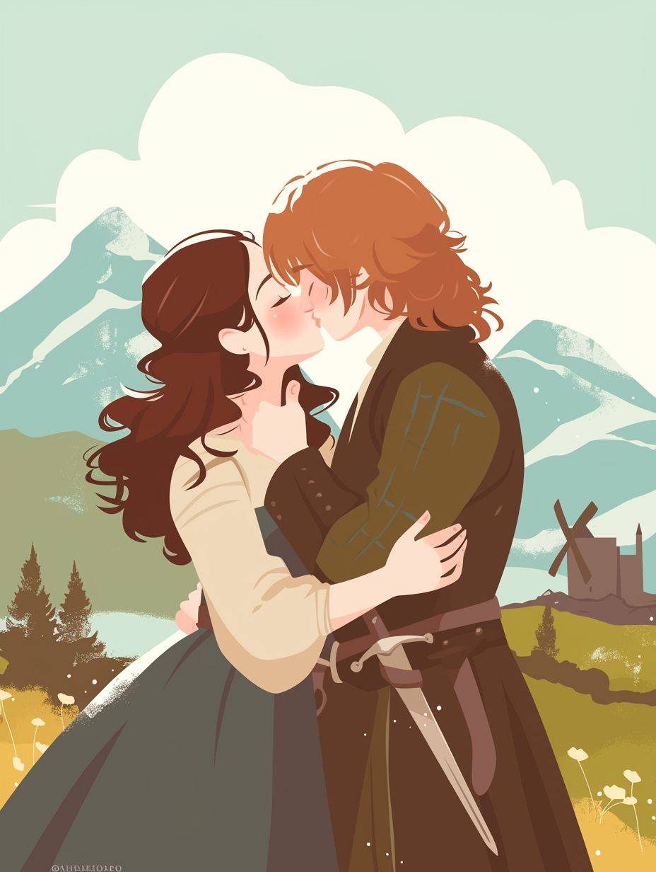 Create a cute cartoon of a kawaii couple of TV show Outlander Jamie Fraser and Claire Fraser kissing on the Highlands in the style of Raina Telgemeier. The background is a Scottish landscape with misty mountains and old castle ruins. The style is a cartoon with simple lines, flat colors and vector art with only outlines and no shadows
