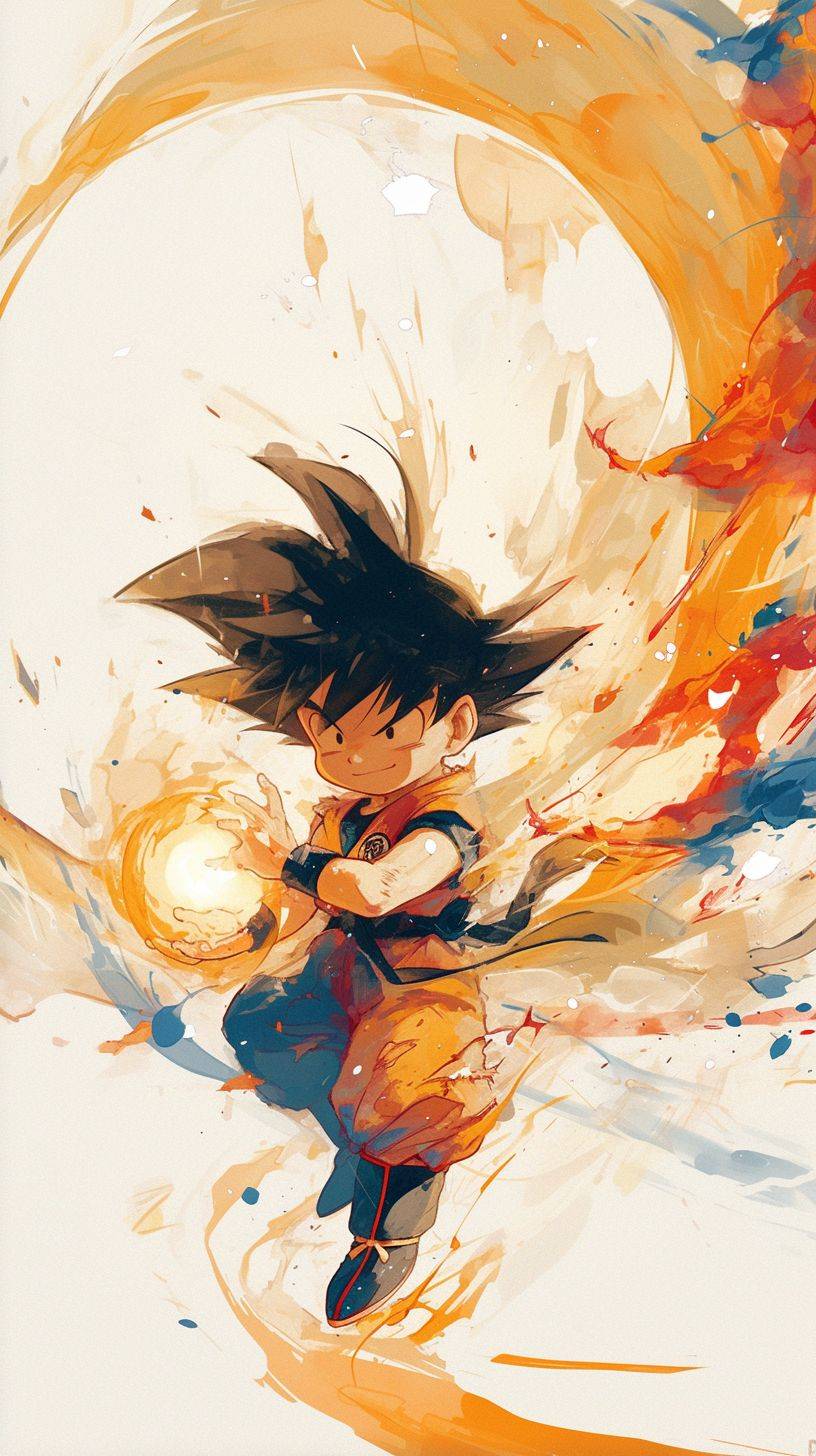 Little Goku in the anime Dragon Ball, colour pencil, vintage aquarelle, collage, dabbed brushstrokes, dark outlines, white background, strong visual flow