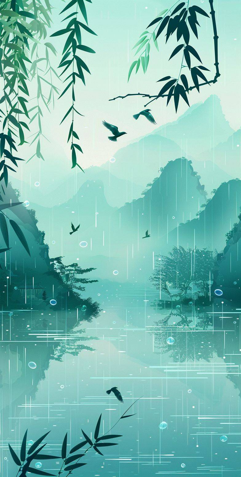 China's Song Dynasty style mountain and water background, blue-green gradient, light rain and fog on the water surface, swallows flying in midair, bamboo leaves hanging down, delicate brushwork, traditional Chinese painting style, poster design, Chinese landscape illustration, flat illustration, vector graphics, vector illustrations, minimalism, high definition, high resolution, high detail