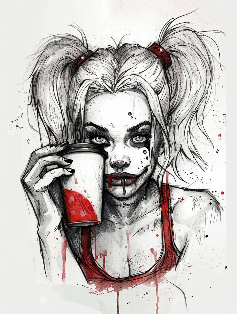 Harley Quinn with a grumpy expression sipping decaf coffee, a simple ink drawing in the style of a cartoon, on a white background with high contrast