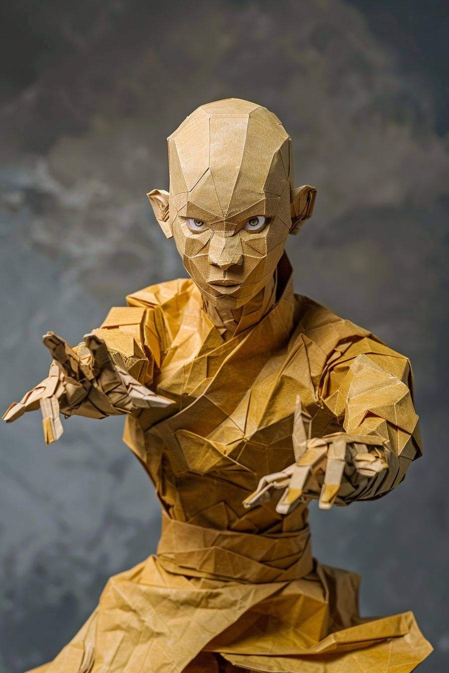 Paper sculpture of Aang from Avatar: The Last Airbender, photorealistic