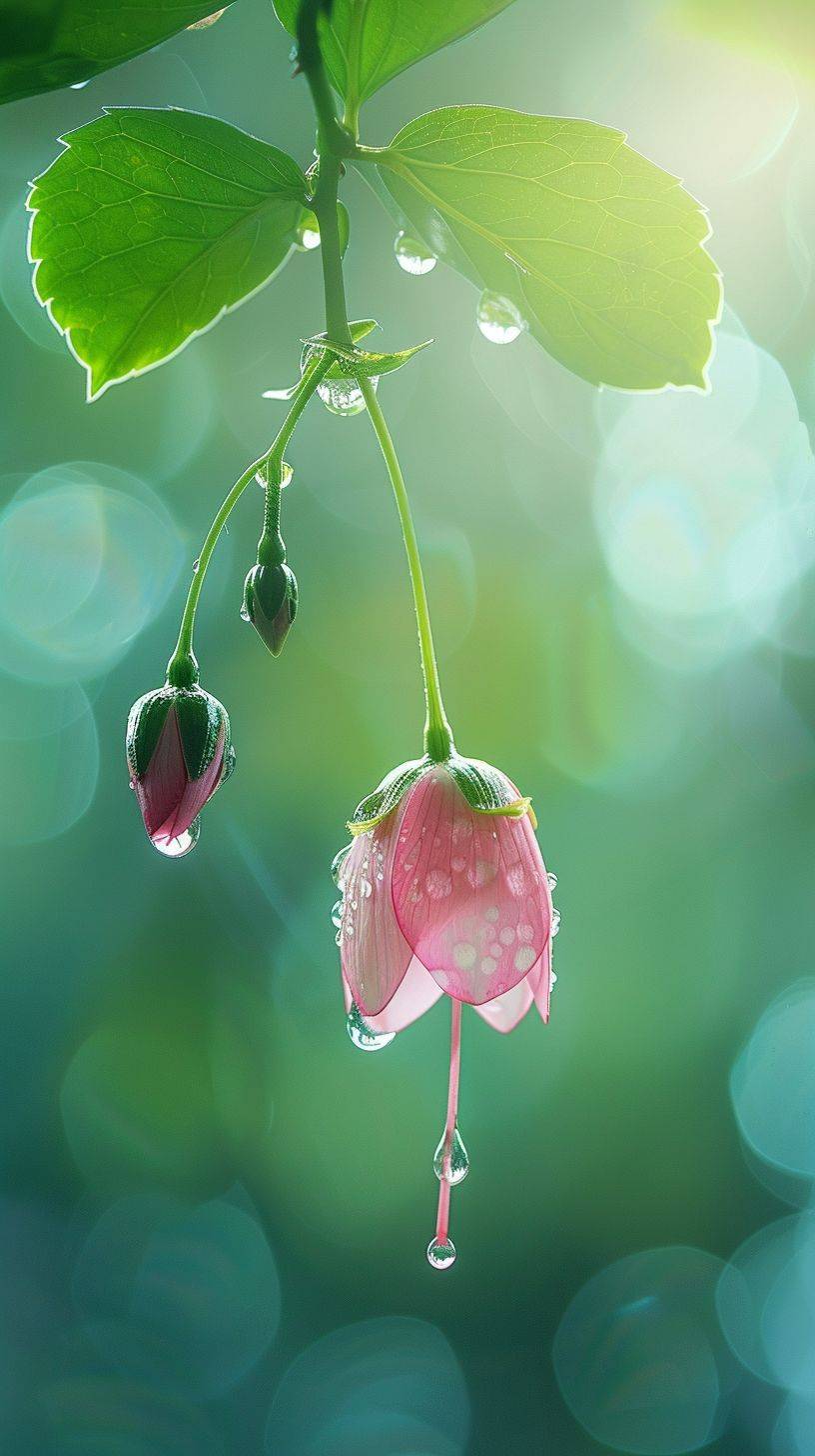 A palace lantern flower hangs. There are two buds on the flower branches. There are three tender green leaves. The dewdrops are crystal clear. Ultra HD visuals, realism and tender green background blur --ar 9:16
