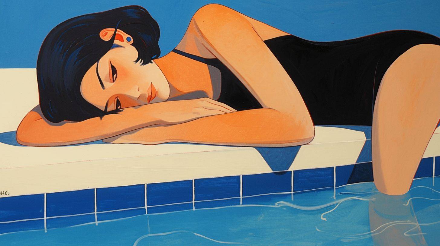 A painting of a girl lying by the pool, in the style of art deco glamour, Patrick Nagel, pop art influenced portraits, restrained serenity, bold manga lines, ivory, punctured canvases, captivating gaze
