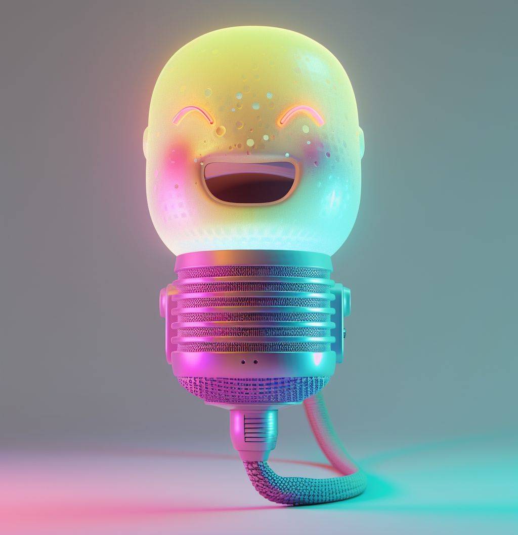 A simple microphone with a cute cartoon smile in a dreamy neon color scheme with pastel colors. No background, rendered in 3D with Blender, with intricate details in C4d style.