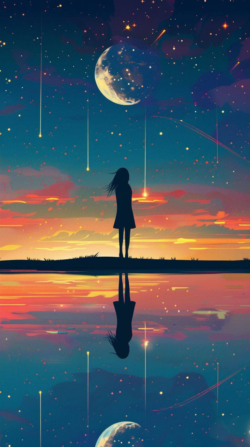 The silhouette of an anime girl standing on the edge, with shooting stars and the moon in the sky, reflection on the water below, and a simple colorful background.