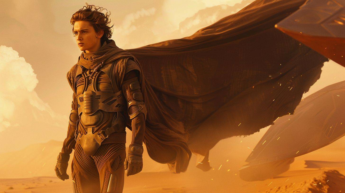 『デューン2』映画の壮大なシーンの劇場用ポスター。広大な砂漠、若き英雄ポール・アトレイデスの全身像、地面には鳥型飛行器があり、風で彼のマントが揺れている。背景に巨大な砂塵嵐が迫っている。