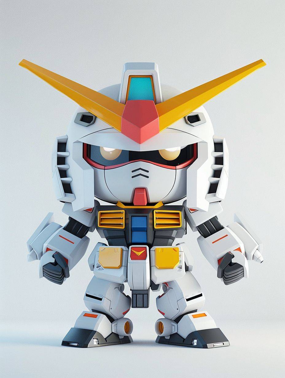 A cute chibi Gundam toy made of plastic material, white background, C4D rendering, kawaii, cute expression design, bright colors, soft lighting effects, a 3D icon clay, blender