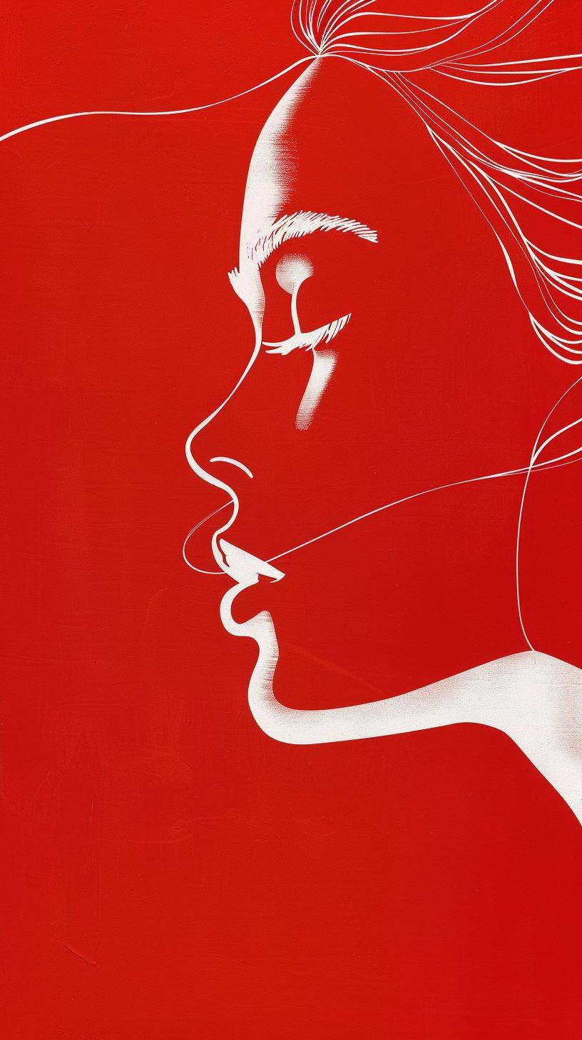 エレガントで美しい女性の顔の輪郭を、赤いキャンバスに洗練された白い線で描く