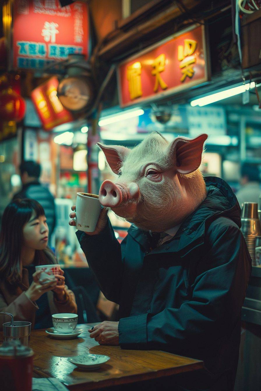 2020s Shanghai street, a pig headed man drinking coffee and flirting with a girl in a coffee shop, documentary style, Ryoji Akiyama style, Fujifilm footage, 32K HD