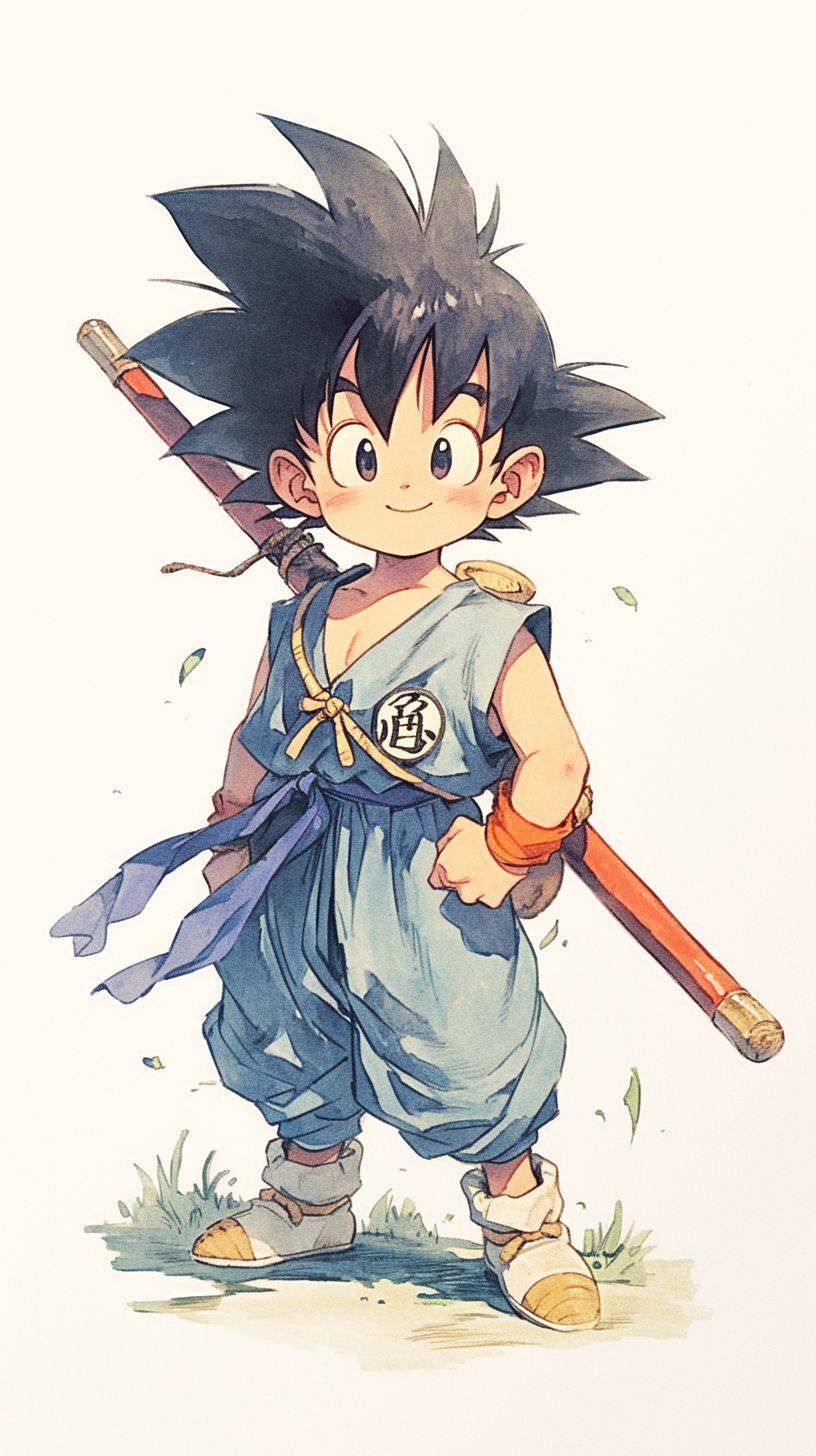 Little Goku in the anime Dragon Ball, colour pencil, vintage aquarelle, collage, dabbed brushstrokes, dark outlines, white background, strong visual flow