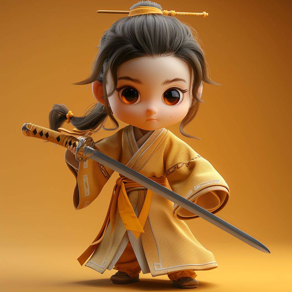 伝統的な中国の服装を身に着けた剣士を描いた魅力的なアニメーションキャラクターが、下を向いたまま剣を抜くアクションをしています。このキャラクターは美しい目と笑顔の表情を特徴とし、一色背景に映えています。このイラストは3/4のサイドビューでキャラクターの全身を捉え、Unreal Engine 5、Cinema 4D、またはBlenderで作成された作品を彷彿とさせる3Dスタイルでレンダリングされています。重点は、古代中国の衣装の繊細なディテールと剣士のダイナミックなポーズを、伝統的な要素と現代の3Dアートのアプローチを融合させて表現することです。--スタイル化750