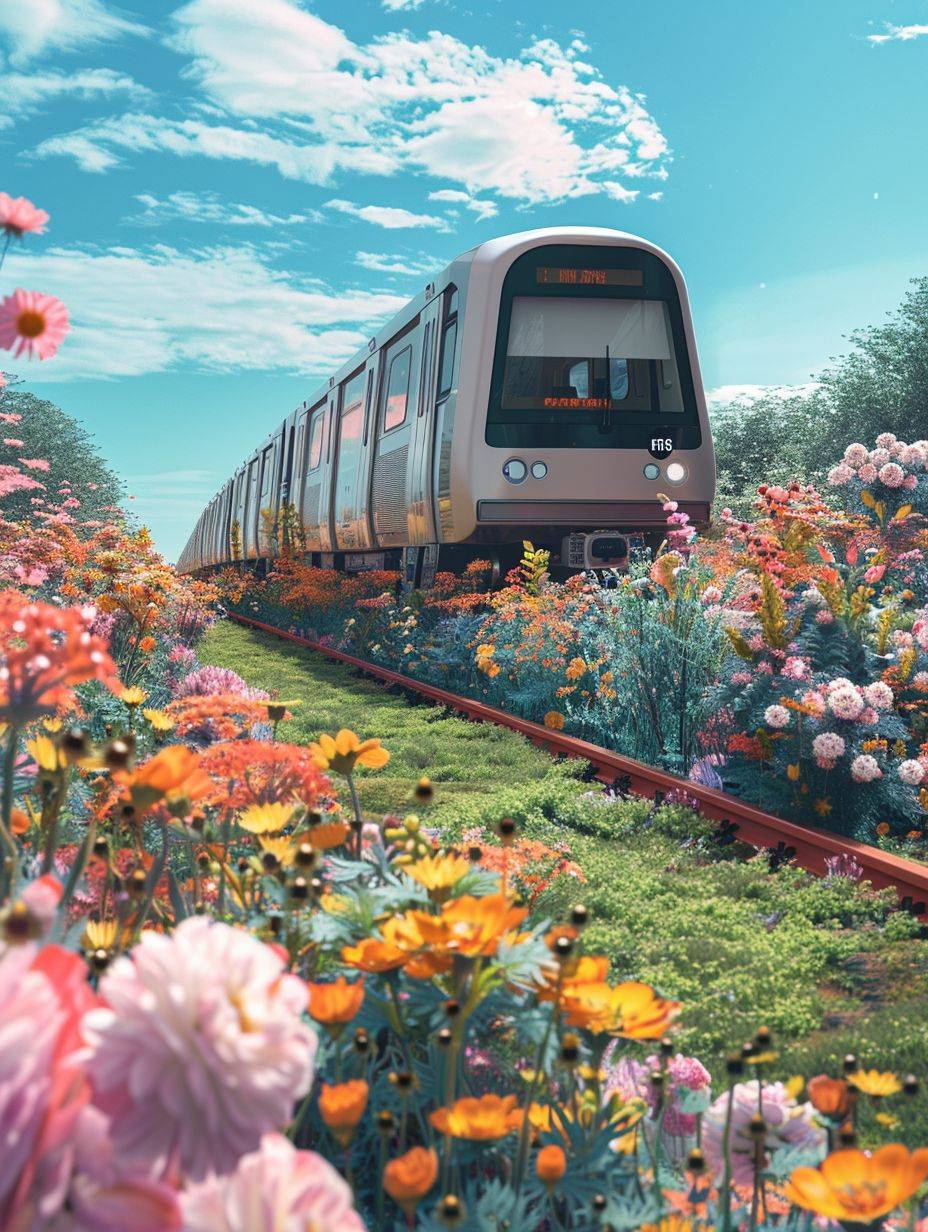 Metro on the tracks, surrounded by flowers, on top green grass, in the style of cute cartoonish designs, dreamlike visuals, soft sculptures, webcam, bright colors, bold shapes, coastal landscapes, capturing moments