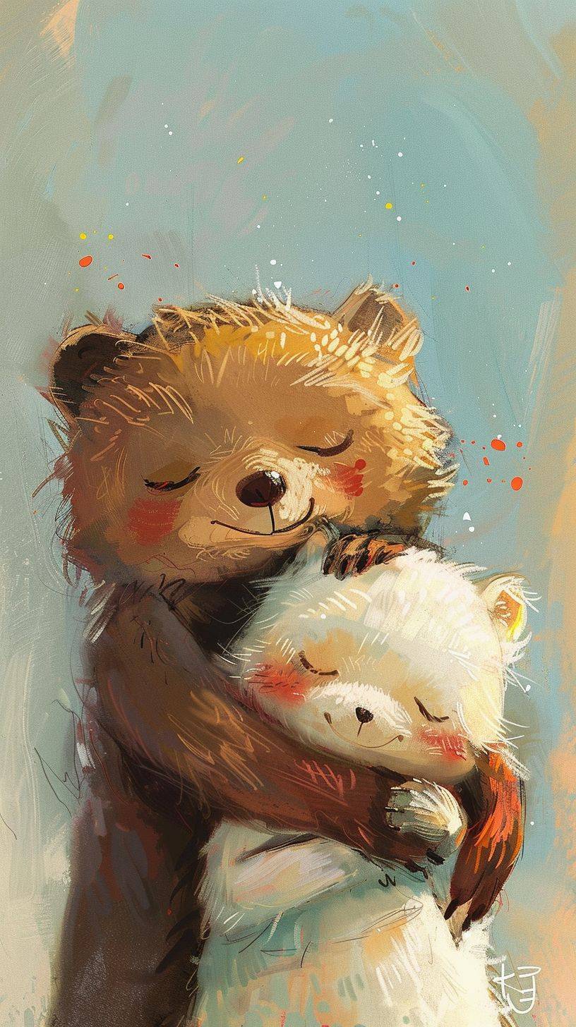 happy friends cuddling, cute critters, by oliver jeffers --ar 9:16