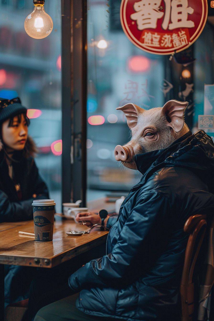 2020s Shanghai street, a pig headed man drinking coffee and flirting with a girl in a coffee shop, documentary style, Ryoji Akiyama style, Fujifilm footage, 32K HD