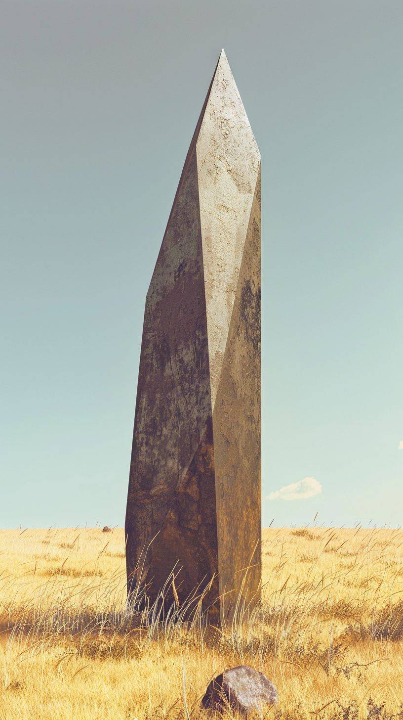 A large statue has been in the middle of a field, in the style of geometric precision, lHiroshi Sugimoto color photography , a mystery serene scene with a minimalist composition, a large statue has been in the middle of a field, in the style of geometric precision, light sky-blue and dark gold, thin steel forms, snailcore, minimalist reduction, zigzags, realistic blue skies, floating rocks in the desert, atacama desert, levitating rocks, subtle gradations of light, and a captivating interplay between the ephemeral and the eternal, art by Cerith Wyn Evans