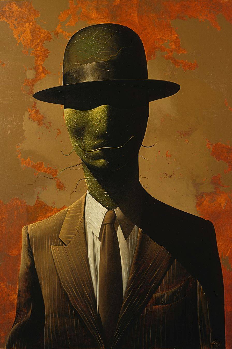 A painting in the style of applecore, graceful surrealism, dan mcpharlin, david normal, iconic works of art history, óscar domínguez, featuring a man in a suit and hat with green hair and distinctive noses