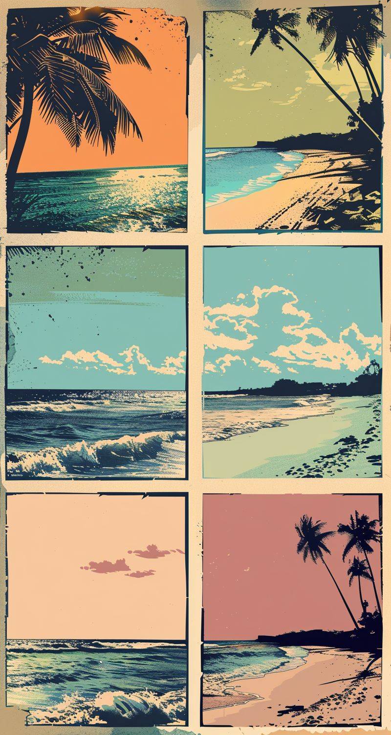 Four-panel American beach action comic, fashion, IP, flat, cartoon, stroke