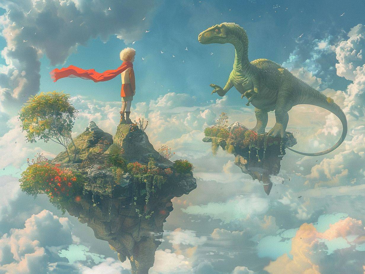 In a vast, boundless sky, dotted with soft, pastel-colored clouds, two islands float. On one island, lush with greenery and vibrant flowers, stands the Little Prince, his iconic scarf fluttering in the gentle breeze. His expression is one of wonder and curiosity as he looks across to the neighboring floating island. This island is rocky and sparse, with a few hardy plants clinging to its surface. Here, a majestic dinosaur, gentle and wise in its demeanor, gazes back at the Little Prince. The space between them is filled with a soft glow, hinting at the magical connection they share. This scene is surreal, blending the essence of Antoine de Saint-Exupéry's timeless story with the awe-inspiring majesty of prehistoric creatures, all suspended in a dreamlike sky.