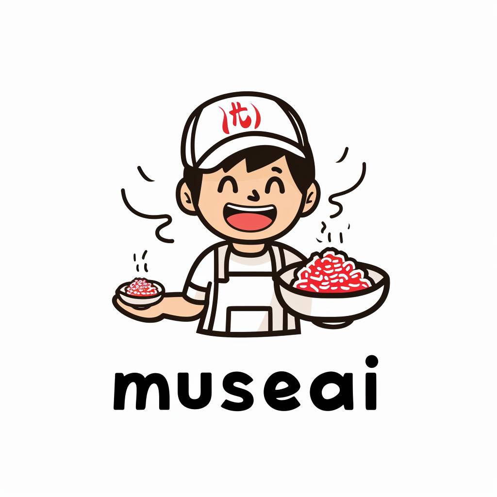 A cute cartoon style logo design for "musesai", featuring an Asian boy holding a bowl of red sweet and sour powder, with the brand name written in black text below it. The background is white, with simple lines and flat colors, creating a relaxed atmosphere. The design is in the style of a cartoon.