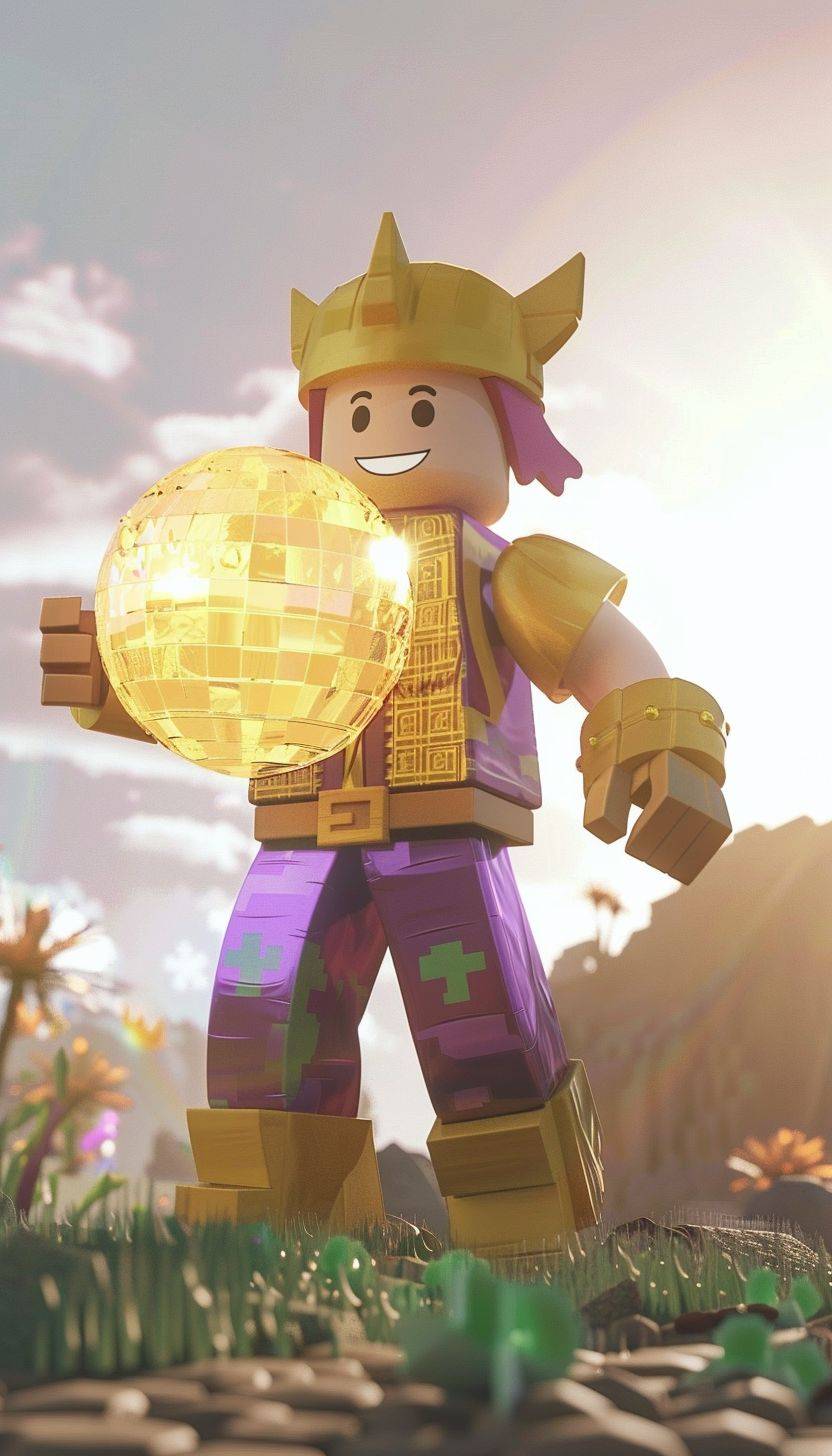 Roblox character holding a giant round sphere in his hands, in the style of surreal animation, pale yellow and purple, make it look friendly and playful