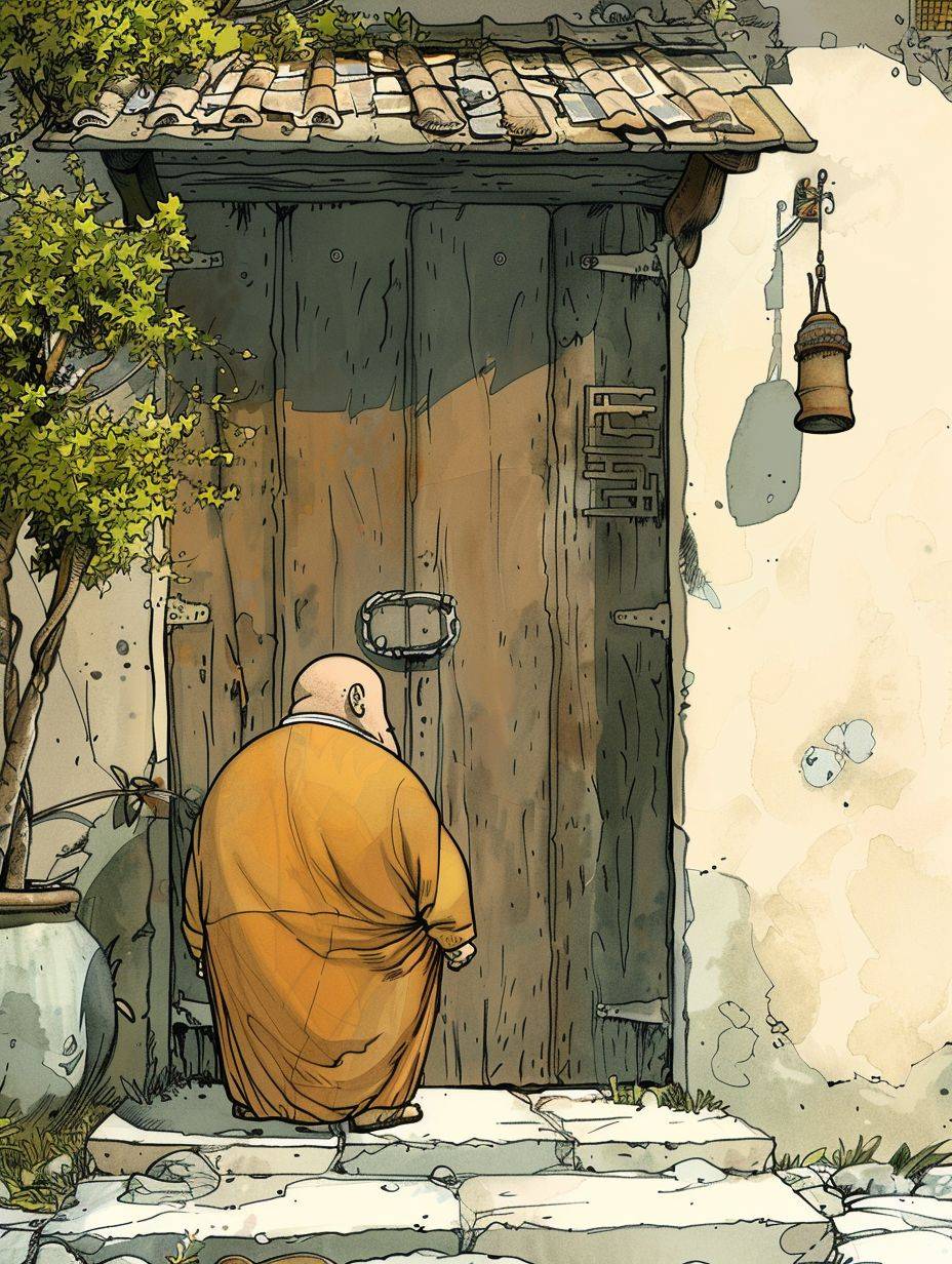 これは、会社での仕事で疲れ果てた後に出家生活を選んだ少し太っている僧侶を描いたウェブコミックの一場面です。この画像は、彼の平和でユーモラスな出家の旅の本質を捉えています。