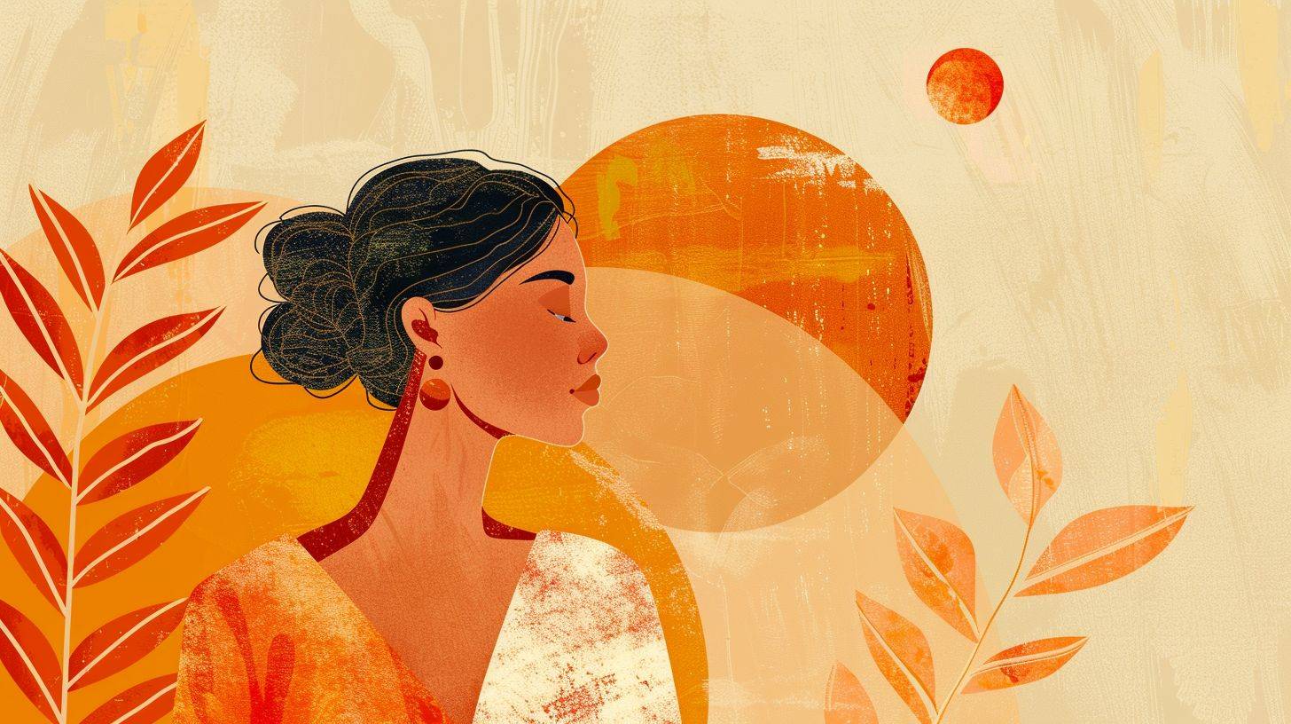 A young, beautiful woman, dressed in warm colors and bohemian designs. Depict her in simple yet abstract forms, emphasizing clean lines and minimalist compositions.