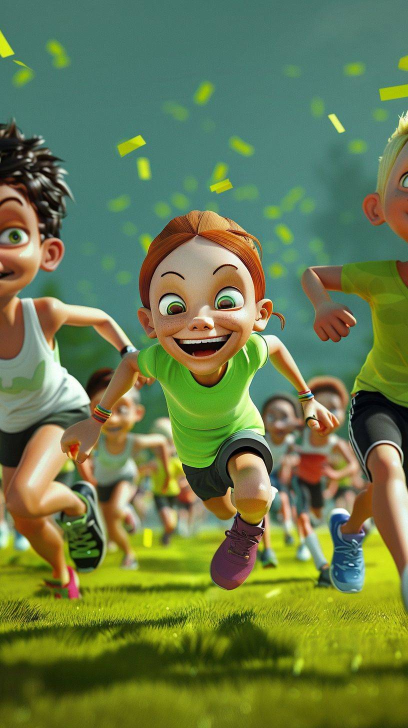 Cartoon characters in the race, boys, girls, running action, marathon, in cute cartoon design style, green background, fantastic visual effects, soft sculpture, webcam, bright colors, bold shapes, capture the moment