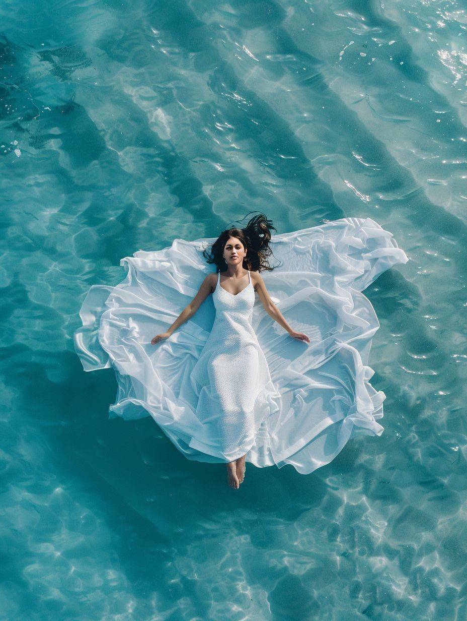 トップビュー、青い海、中央に置かれたかわいい女の子、透明な水面に敷かれた薄い布の上に浮かび上がる、ボリュームライティング、影、被写界深度。