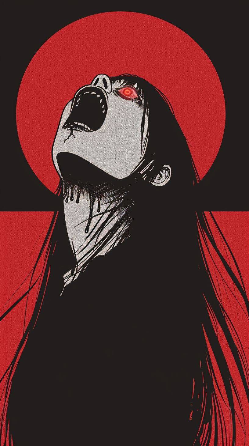 Ultra detailed minimalist realistic Japanese woman screaming with an eye at the back of her throat, horror, deathcore, style of Junji Ito, dark anime, half body, attractive, vibrant, intense, psychological horror, macabre, ultra crisp details