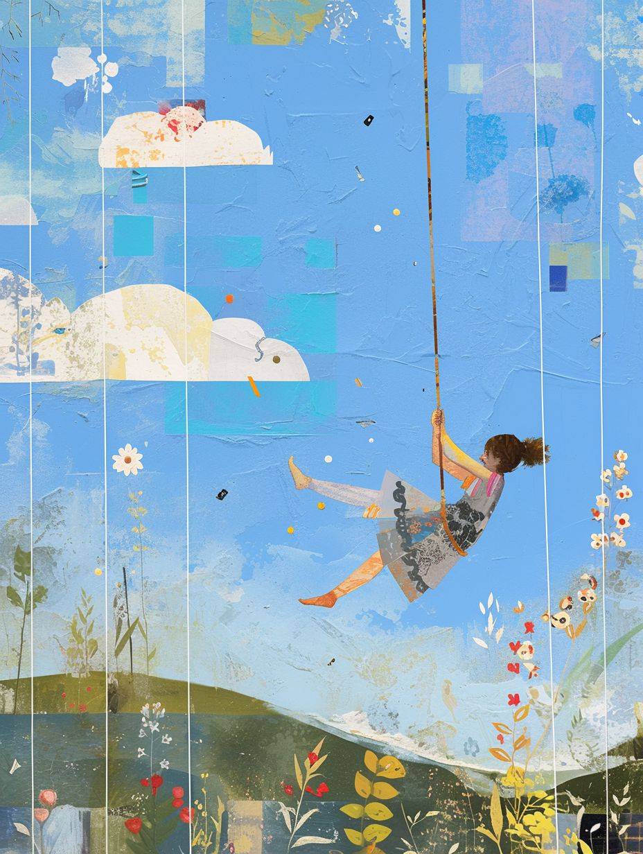 空を飛ぶかわいいアニメーションの女の子、青い空の背景、ルーシー・グロスミスによるミックスパターン、テキストと絵文字のインストール