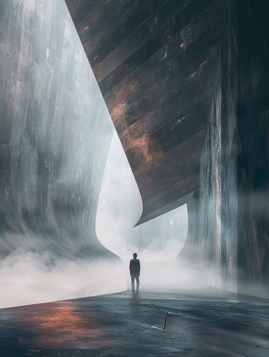 A person walks through an open space that looks like space, in the style of futurist elements, atmospheric landscape, dystopian atmospheres, trapped emotions depicted, silence, futuristic architecture, epic portraiture, in the style of Denis Villeneuve, raw style, aspect ratio 3:4, stylized at 250%