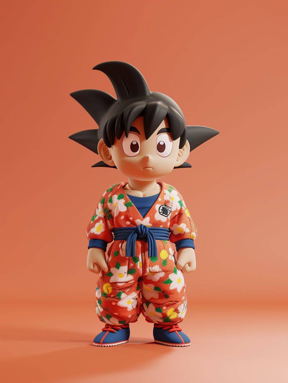 Son Goku in Dragon Ball, full body, produced in Popmart blindbox style, wearing a flower jacket, clear eyes, chibi, minimalist color field, clean background, C4D, blender, 8k resolution, symmetrical grid, plaster, realistic details