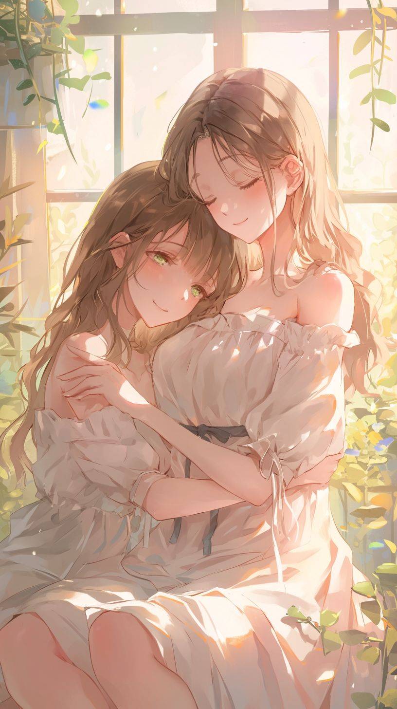 Love relationship between women, two girls cuddly embrace together, leak out sweet smile, gentle eyes, youthful vitality, 4 arms, 20 fingers, do not appear extra arm fingers, 8k image quality