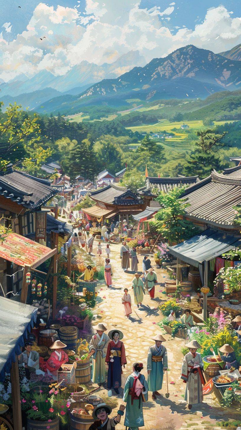 活気あふれる晴れた日の韓国の田舎の村、地元の祭りに参加しているモダンと伝統的な韓服を着たキャラクターたちが見られる。道を埋め尽くすカラフルな装飾が施された露店では、伝統的な韓国料理や工芸品が販売されている。背景には、豊かな山々と野花の畑が賑やかな村の光景と美しいコントラストを添えている。雰囲気は陽気でエネルギッシュであり、地方の韓国の生活の居心地の良さと地域社会の側面を捉えており、生地や自然の質感と色彩を際立たせるディテールが描かれている。