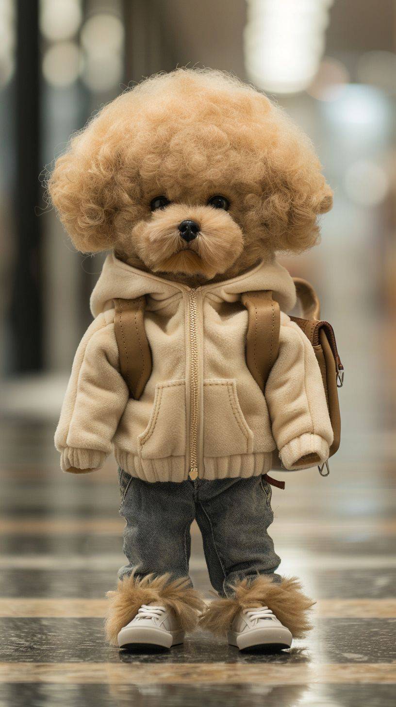Imagine a charming world where adorable animals take on a stylish human persona. Meet 'Paws in Pants', a lovable poodle with a fluffy coat the color of warm caramel, donning a cozy cream hoodie and snug denim jeans. This chic pup stands on its hind legs, sporting sleek sneakers that match the outfit perfectly. The ensemble is completed with a miniature leather backpack, resting on one shoulder. 'Paws in Pants' gazes at you with big, soulful eyes, full of curiosity and kindness, capturing hearts with its innocent charm. This cutely clad canine strolls through a pet-sized boutique, where fashion and furry friends blend seamlessly, creating a scene that's simply irresistible.