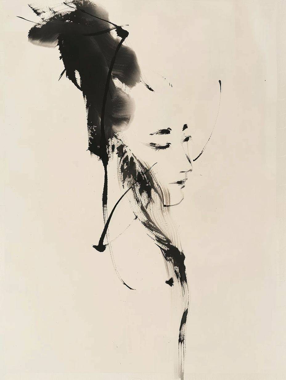 A stunning Sumi-e painting in the expressive Chinese calligraphy style, depicting an abstract, minimalistic yet sensual portrait of a woman in a three-quarter pose. The brushstrokes are fluid and graceful, creating a sense of elegance and simplicity. The background is a subtle, natural pale shade that complements the strong black ink lines. The overall atmosphere of the piece is serene and calming, reflecting the harmony of traditional Japanese art.