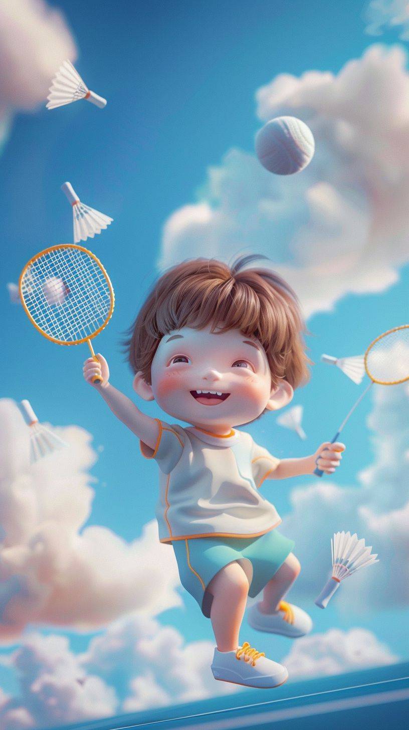 Focus, chibi, a cute boy playing badminton, shuttlecocks, Morandi colors, playful colors, summer time, happy, clouds, 3D render, cartoon style